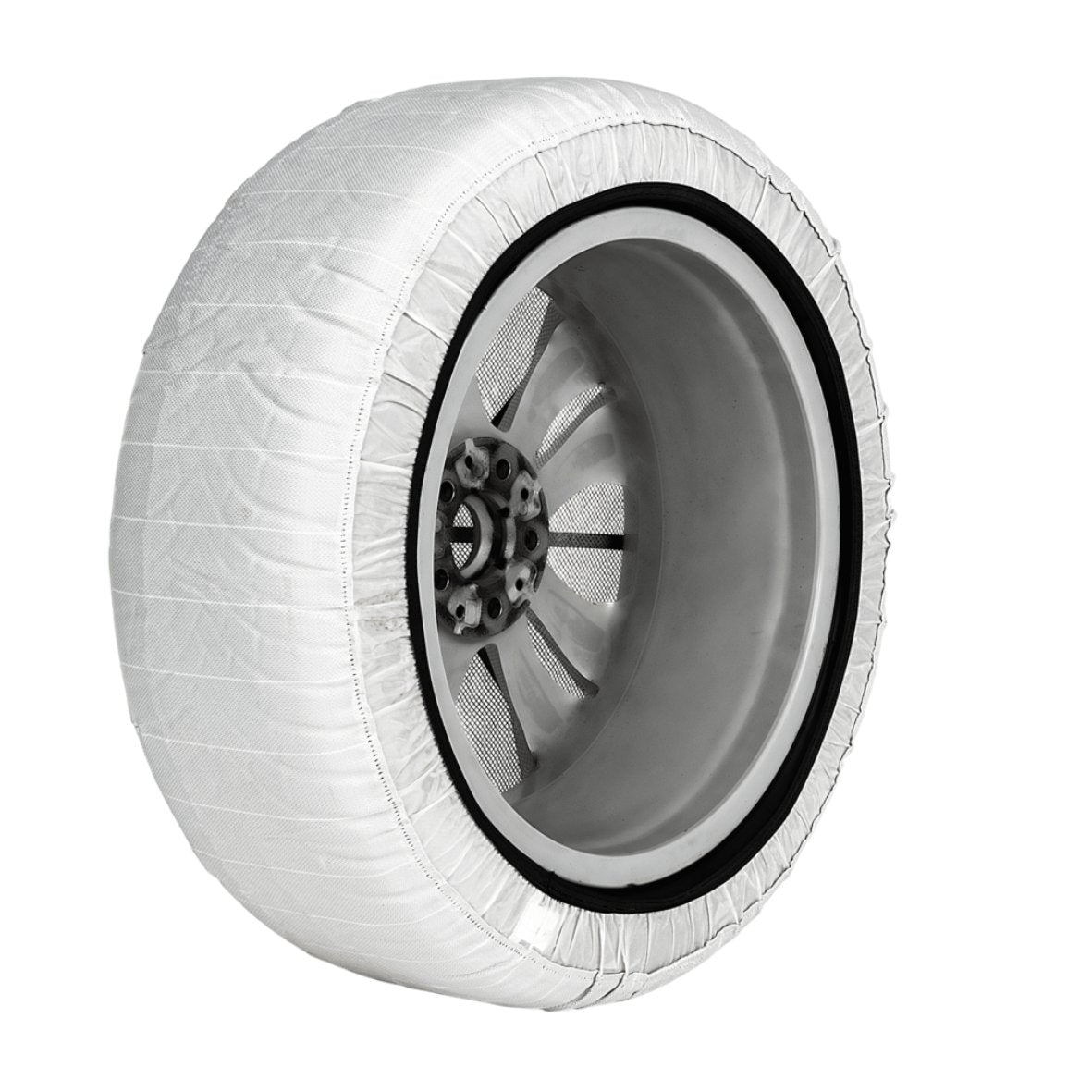 Back side of an AutoSock textile snow chain product showing road contact fabric, elastic and inner fabric incl. inner rim surface