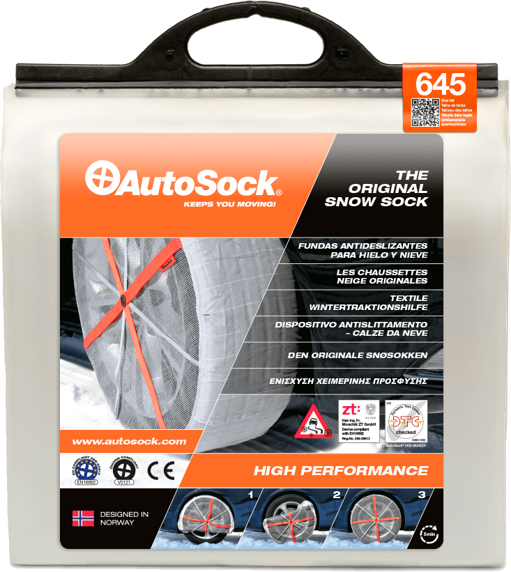 Product Packaging of AutoSock for passenger cars and light commercial vehicles (front view) HP645