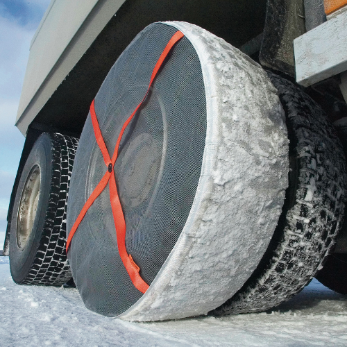 AutoSock mounted on rear wheels of a truck