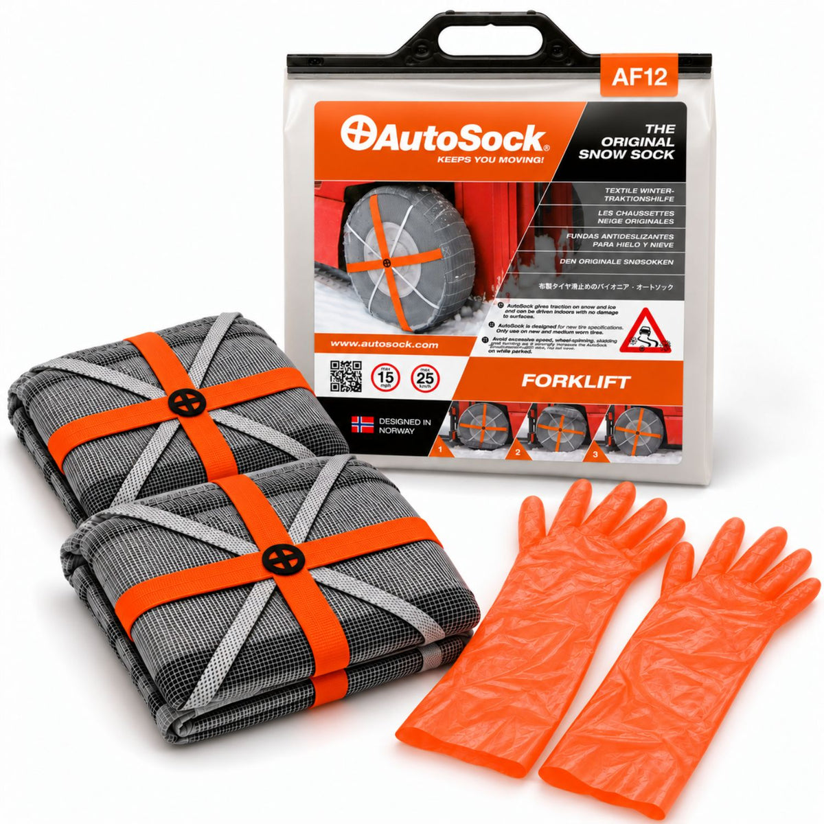 Snow socks model AF12 for forklifts includes two snow socks, a pair of gloves  and the product packaging