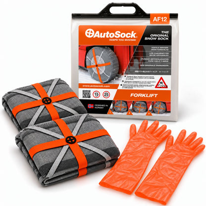 Snow socks model AF12 for forklifts includes two snow socks, a pair of gloves  and the product packaging
