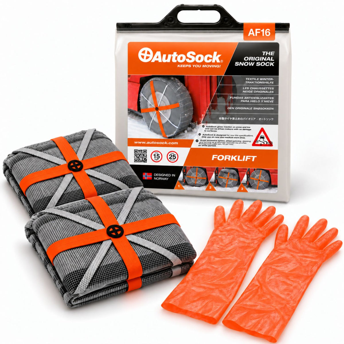 Snow socks model AF16 for forklifts includes two snow socks, a pair of gloves  and the product packaging