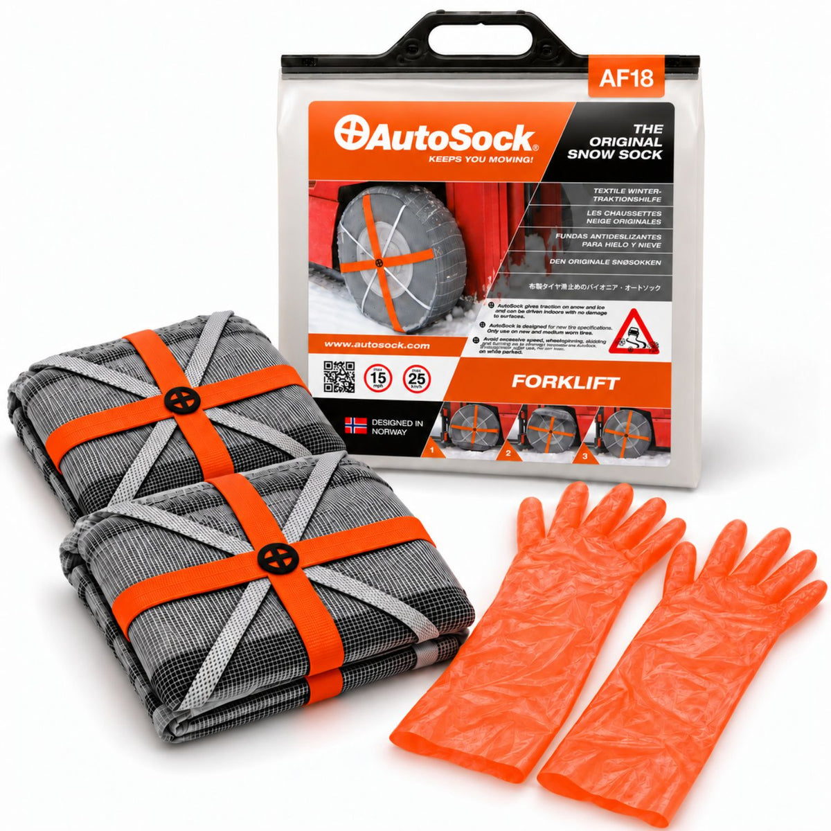 Snow socks model AF18 for forklifts includes two snow socks, a pair of gloves  and the product packaging