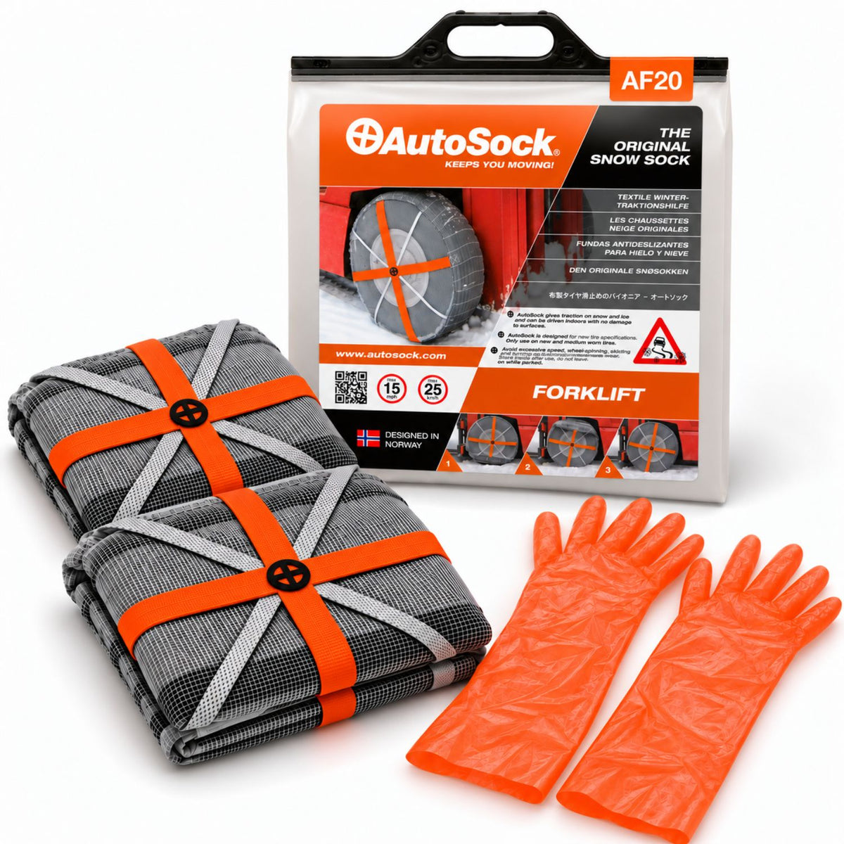 Snow socks model AF20 for forklifts includes two snow socks, a pair of gloves  and the product packaging