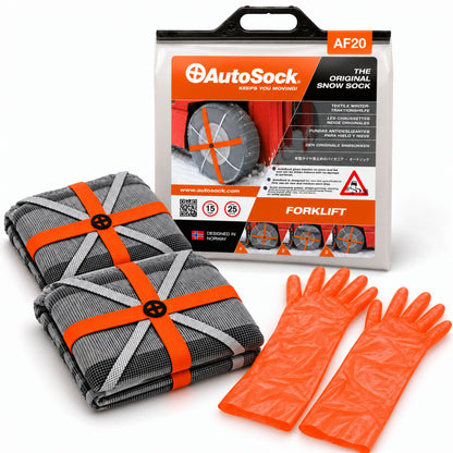 Snow socks model AF20 for forklifts includes two snow socks, a pair of gloves  and the product packaging