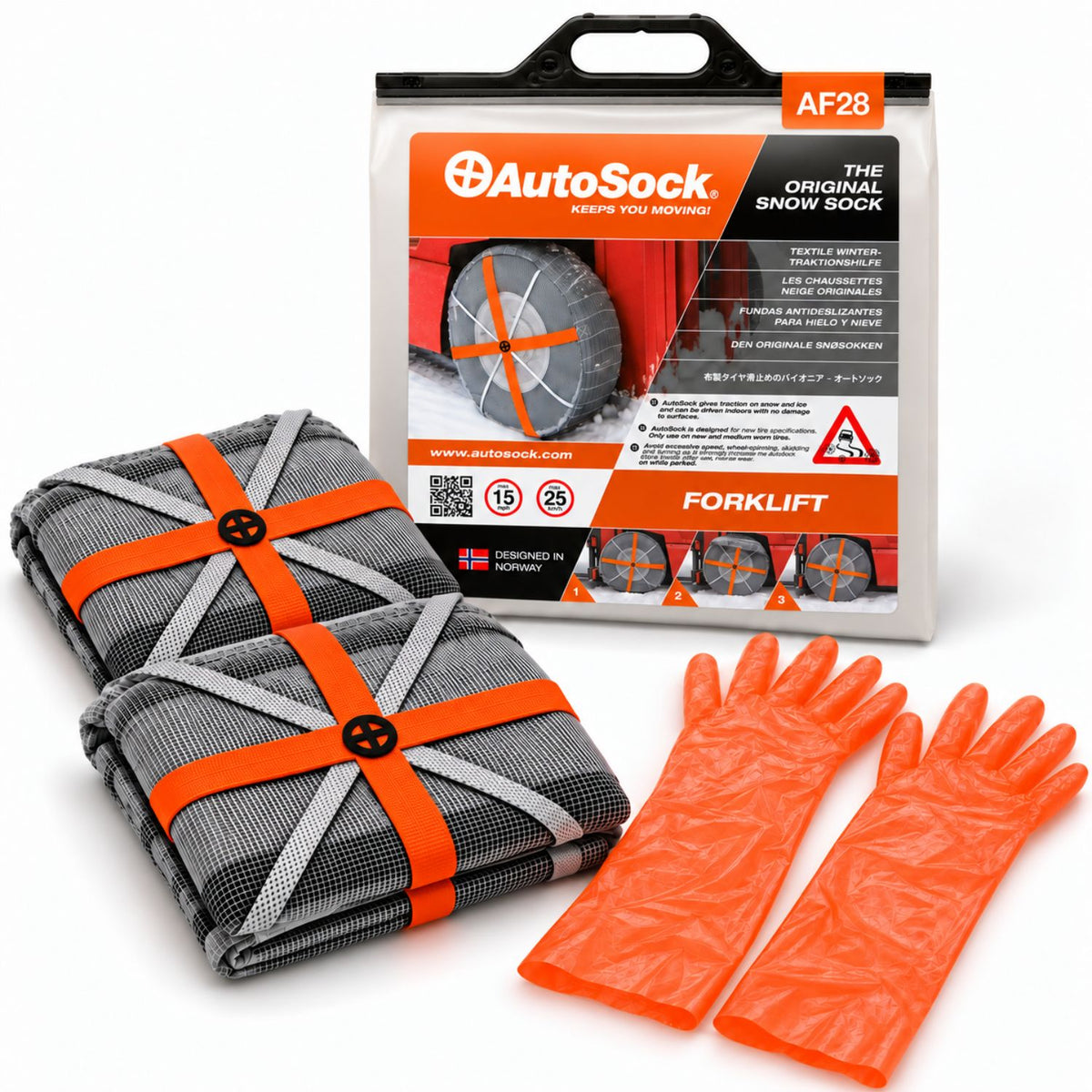 Snow socks model AF28 for forklifts includes two snow socks, a pair of gloves  and the product packaging