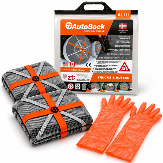 Snow socks model AL111 for trucks and buses includes two snow socks, a pair of gloves  and the product packaging