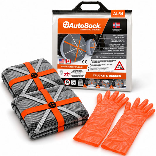 Snow socks model AL64 for trucks and buses includes two snow socks, a pair of gloves  and the product packaging