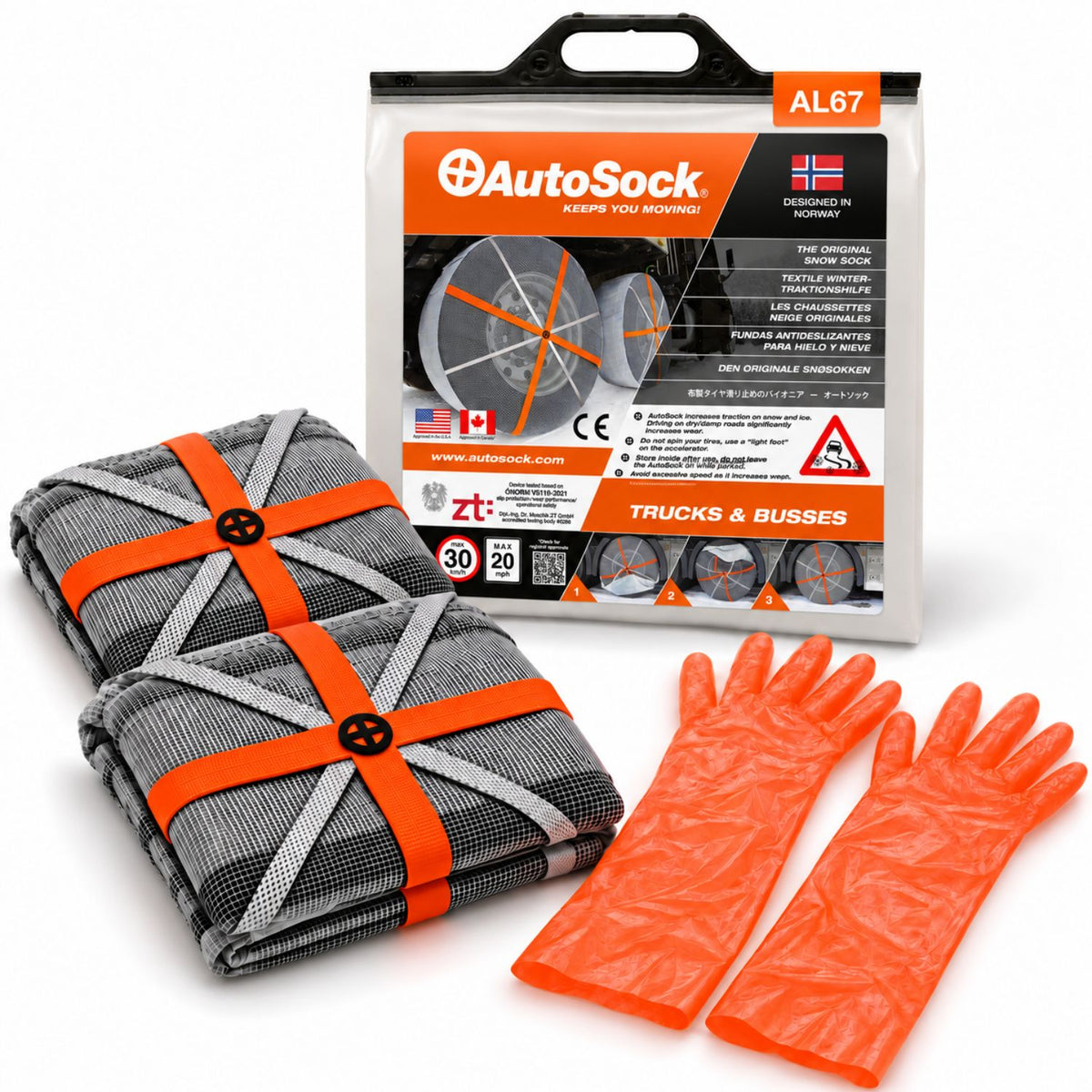 Snow socks model AL67 for trucks and buses includes two snow socks, a pair of gloves  and the product packaging