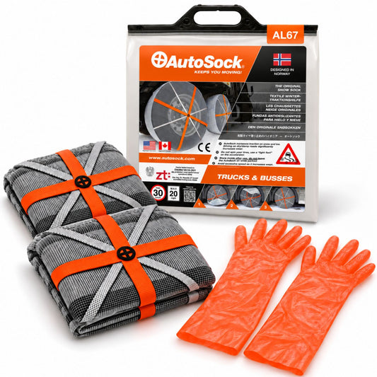 Snow socks model AL67 for trucks and buses includes two snow socks, a pair of gloves  and the product packaging