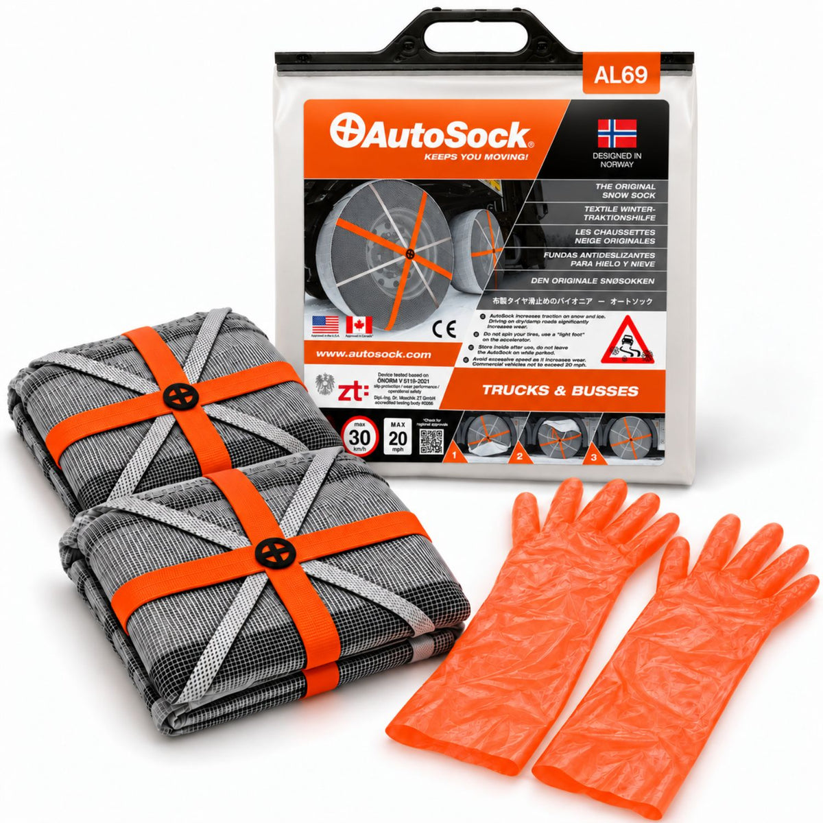 Snow socks model AL69for trucks and buses includes two snow socks, a pair of gloves  and the product packaging