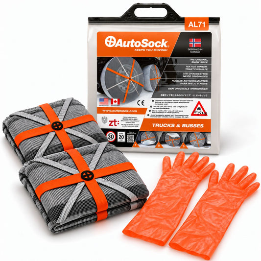 Snow socks model AL71 for trucks and buses includes two snow socks, a pair of gloves  and the product packaging