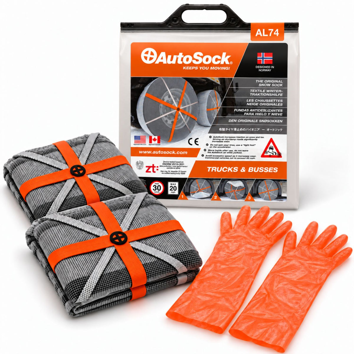 Snow socks model AL74 for trucks and buses includes two snow socks, a pair of gloves  and the product packaging