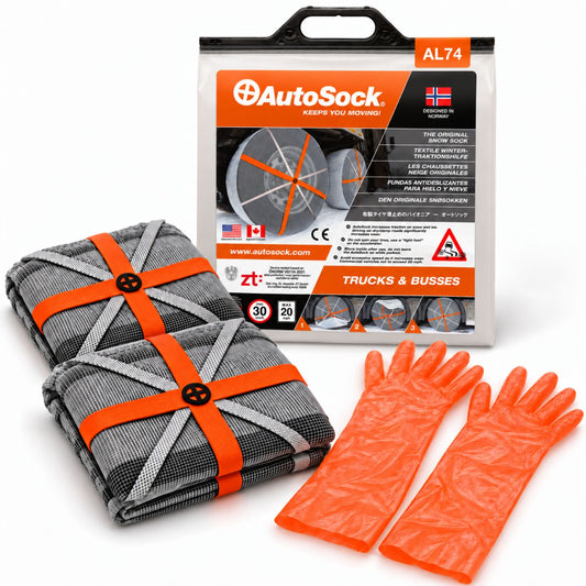 Snow socks model AL74 for trucks and buses includes two snow socks, a pair of gloves  and the product packaging