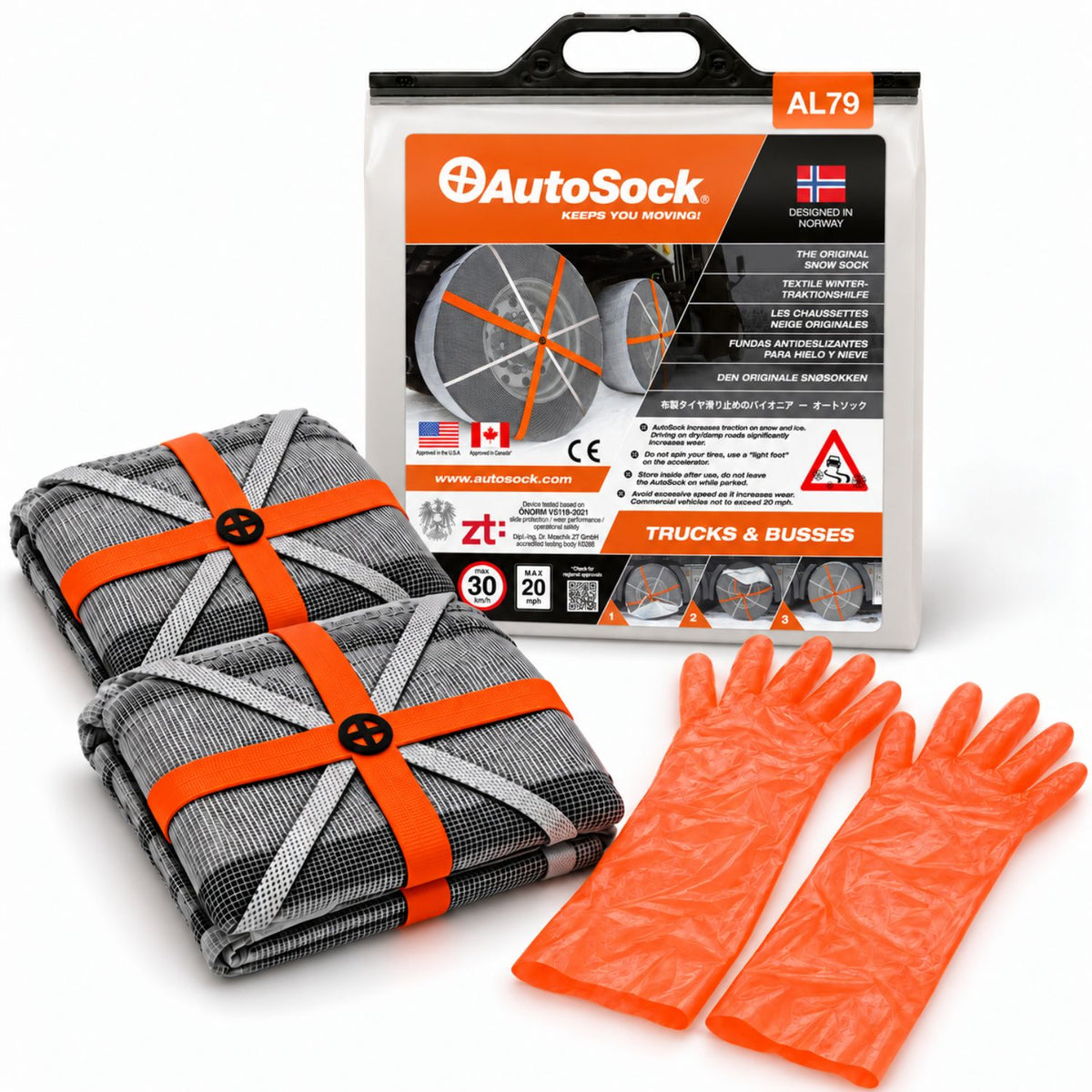 Snow socks model AL79 for trucks and buses includes two snow socks, a pair of gloves  and the product packaging