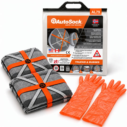 Snow socks model AL79 for trucks and buses includes two snow socks, a pair of gloves  and the product packaging