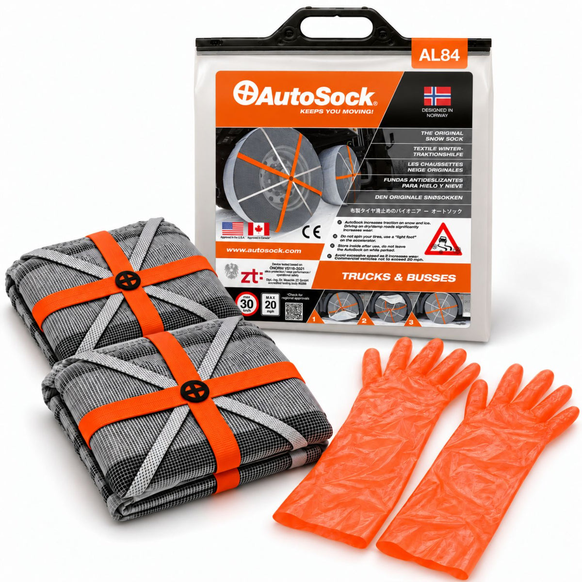Snow socks model AL84 for trucks and buses includes two snow socks, a pair of gloves  and the product packaging