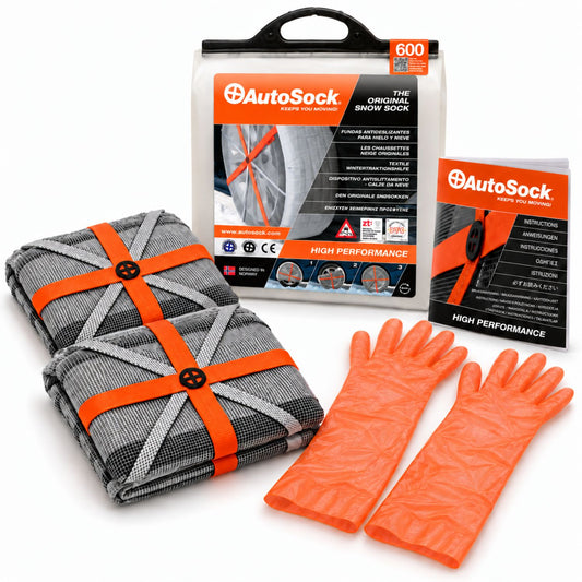 Snow socks model HP600 for passenger cars & light commercial vehicles includes two snow socks, a pair of gloves, an instruction manual and the product packaging