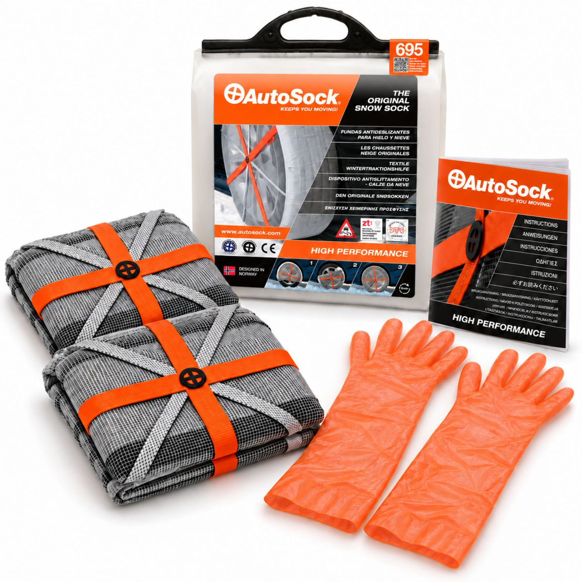 Snow socks model HP695 for passenger cars & light commercial vehicles includes two snow socks, a pair of gloves, an instruction manual and the product packaging