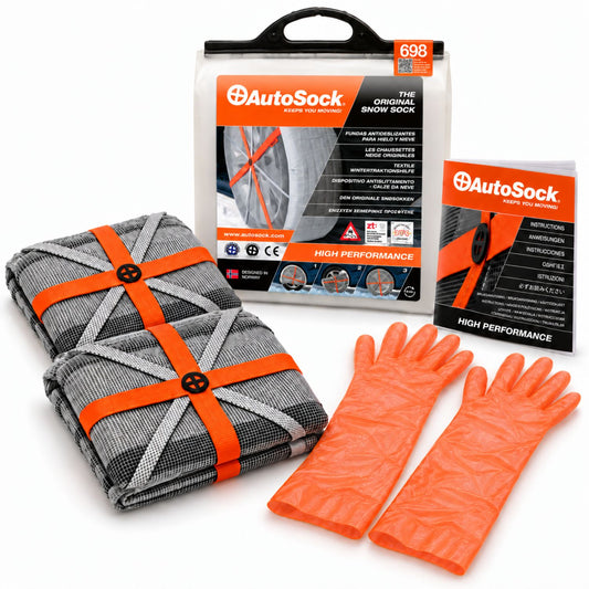 Snow socks model HP698 for passenger cars & light commercial vehicles includes two snow socks, a pair of gloves, an instruction manual and the product packaging