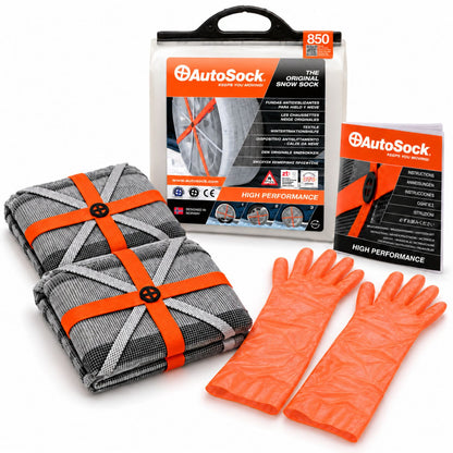 Snow socks model HP850 for passenger cars & light commercial vehicles includes two snow socks, a pair of gloves, an instruction manual and the product packaging
