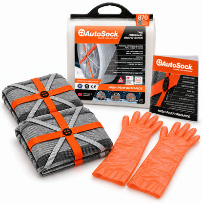Snow socks model HP870 for passenger cars & light commercial vehicles includes two snow socks, a pair of gloves, an instruction manual and the product packaging