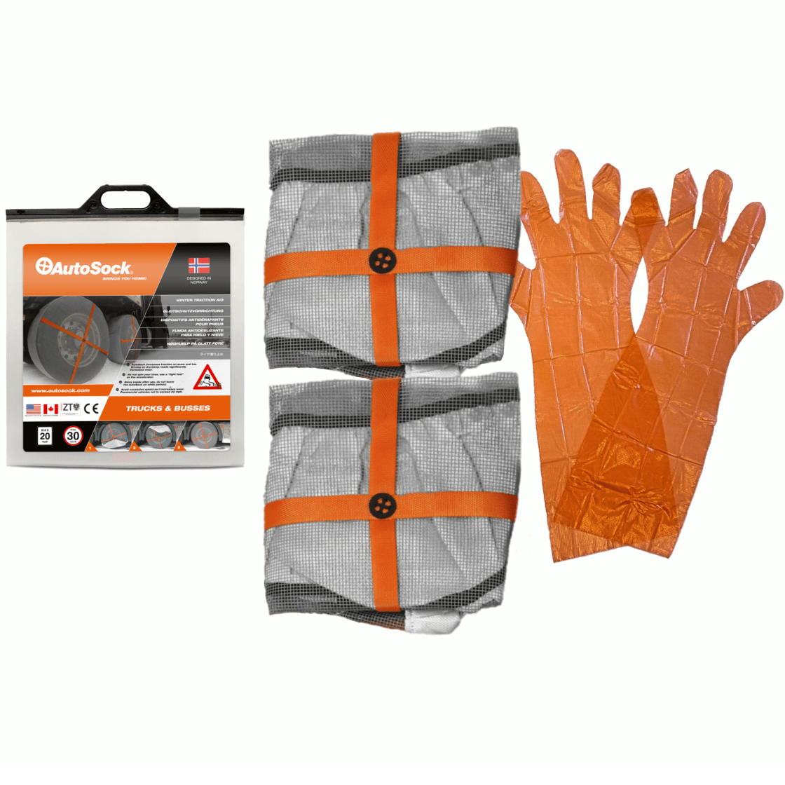 Product packaging content for AutoSock for truck products contains two AutoSock and a pair of gloves