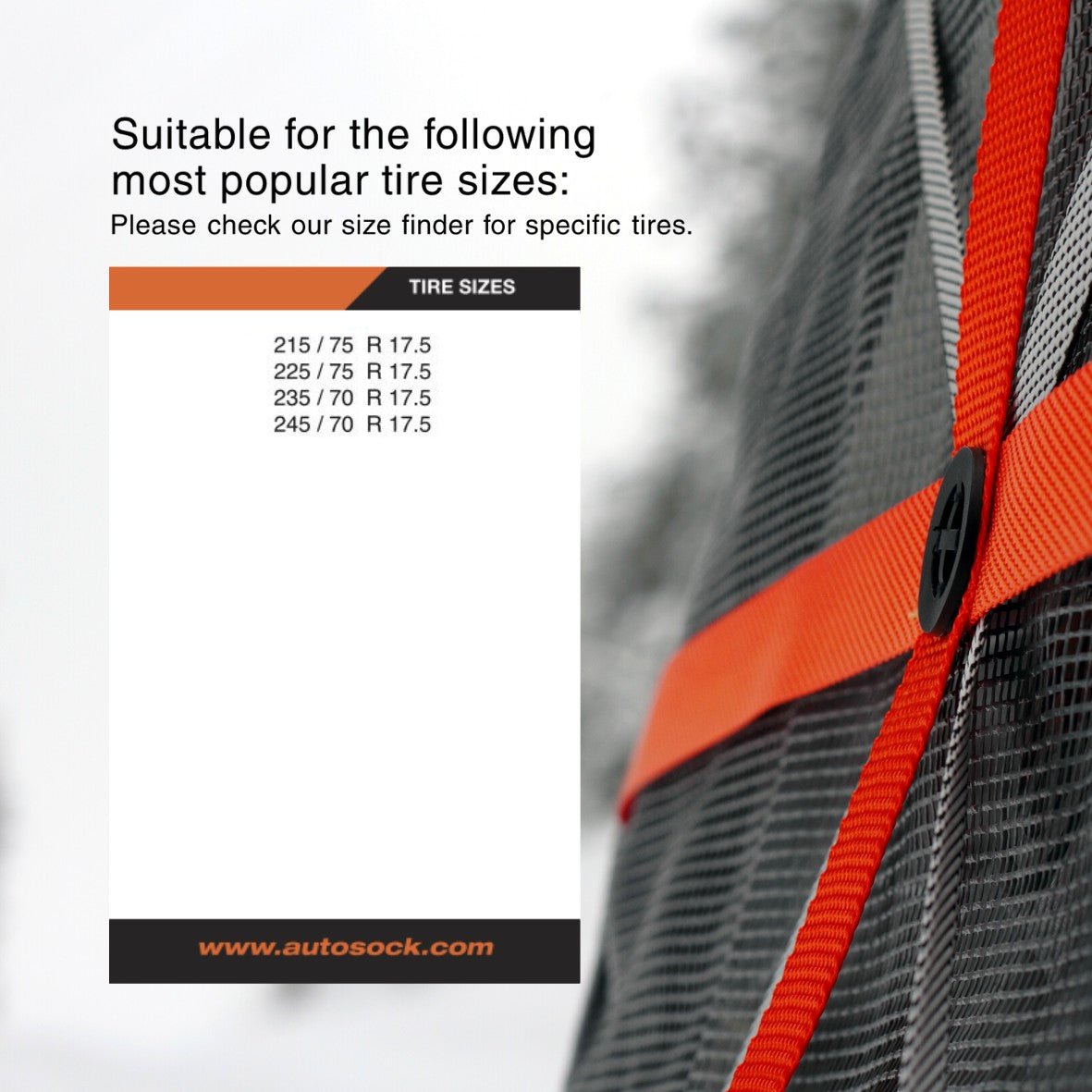 Simple size chart for model AutoSock for trucks AL59 AL 59 showing suitable most popular tire sizes